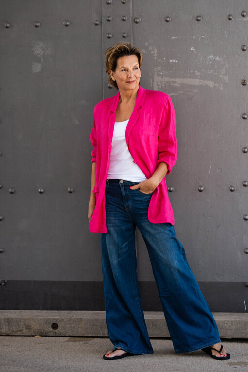 Oversized Leinenblazer “VIOLA” fuchsia (GW62)/Jeans “KALEA”- carton blue (ER33)