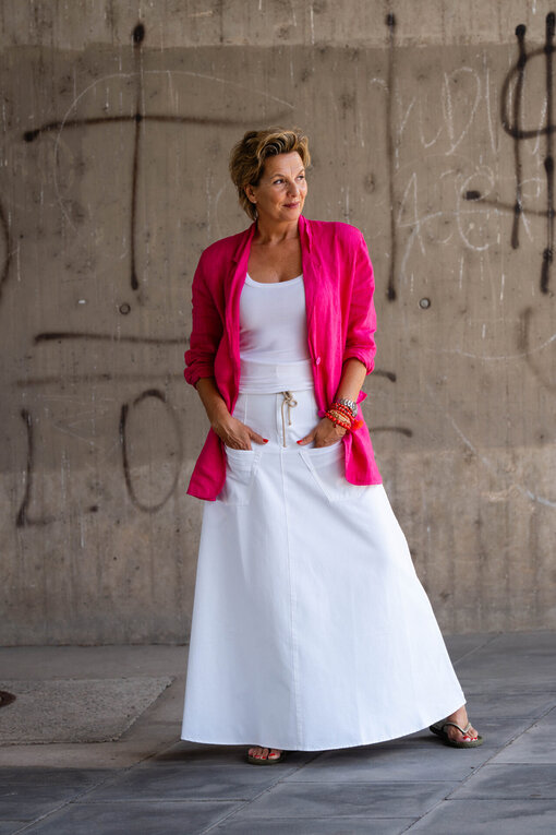 High Waist Rock “SELINA” optic white (10D77)/Oversized Leinenblazer “VIOLA” fuchsia (GW62)