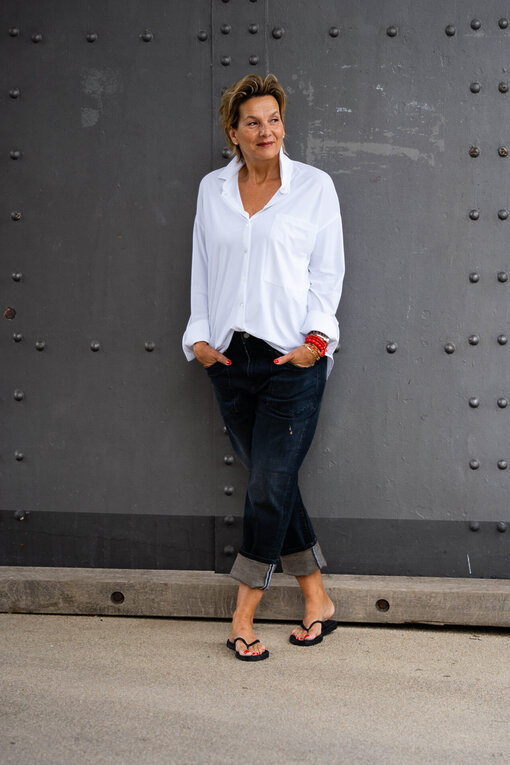 Oversized Hemdbluse “MARILISA” white (PI16) / Jeans “SENDY” lazy blue (ER77)