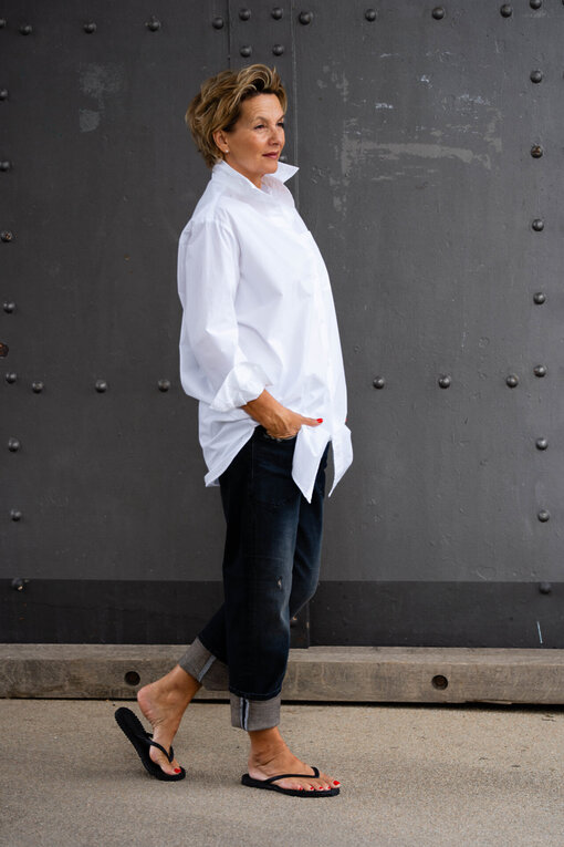 Oversized Hemdbluse “BLOSSOM” optic white (SE50)/ Jeans “SENDY” lazy blue (ER77)