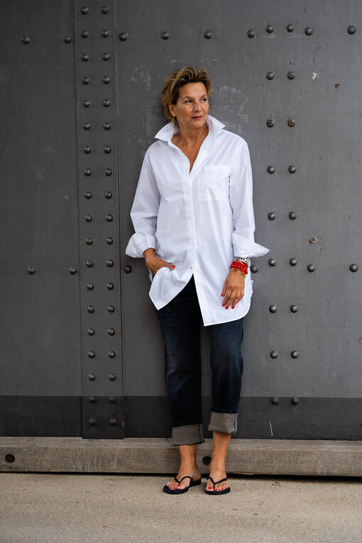 Oversized Hemdbluse “BLOSSOM” optic white (SE50)/ Jeans “SENDY” lazy blue (ER77)