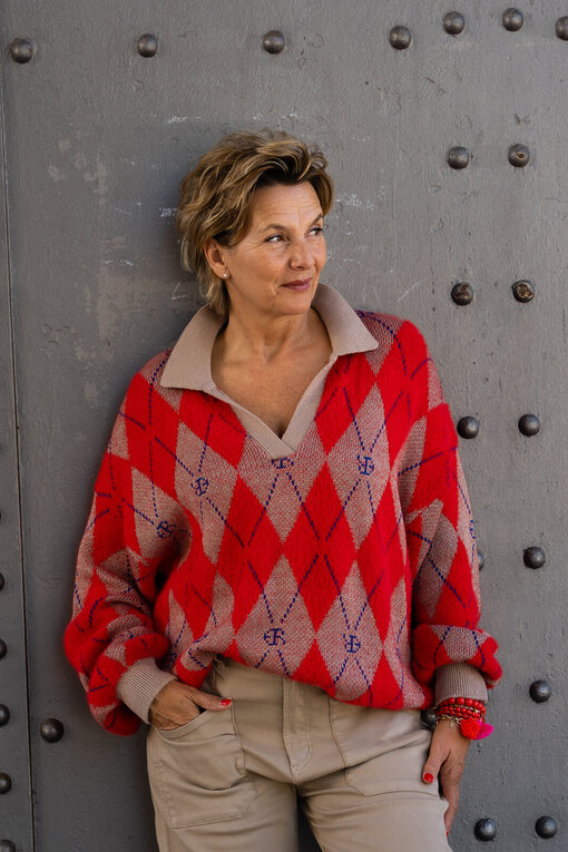Strickpullover mit Polokragen “JADE” real red diamonds (ER02)