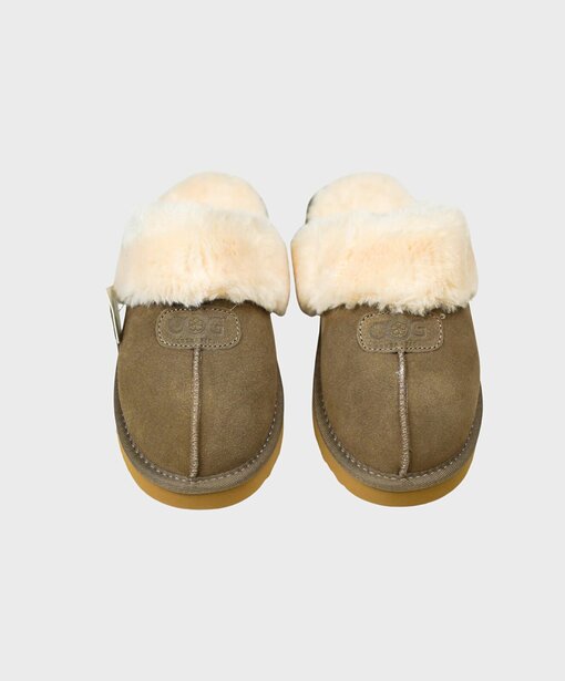 Pantoffel mit Teddyfell “ELARA” khaki (OOG01)