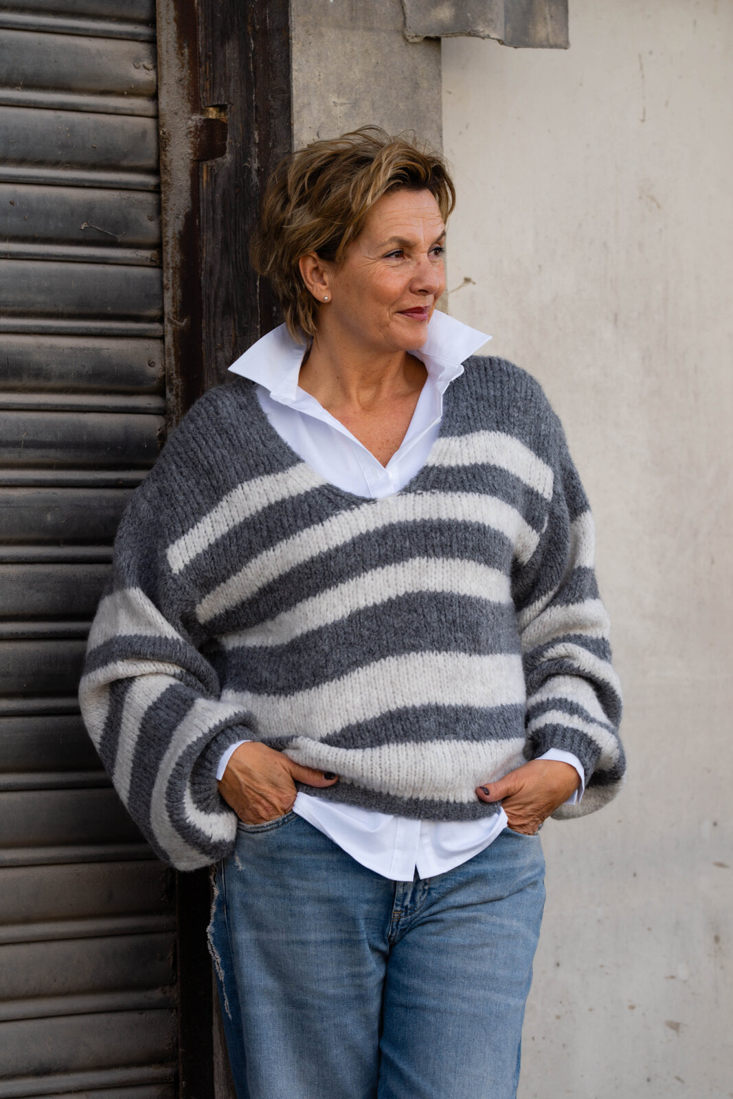 Pullover “IMANIA” grey melange (HL30)/ Hemdbluse “OLIVIA” white (CC03)