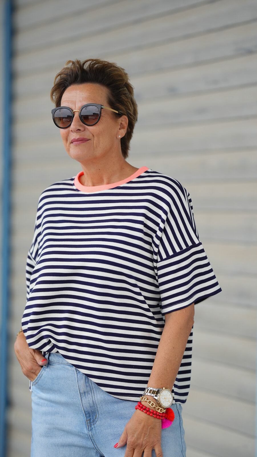 Lässiger Kurzarm Sweater creme/dunkelblau(GW83)